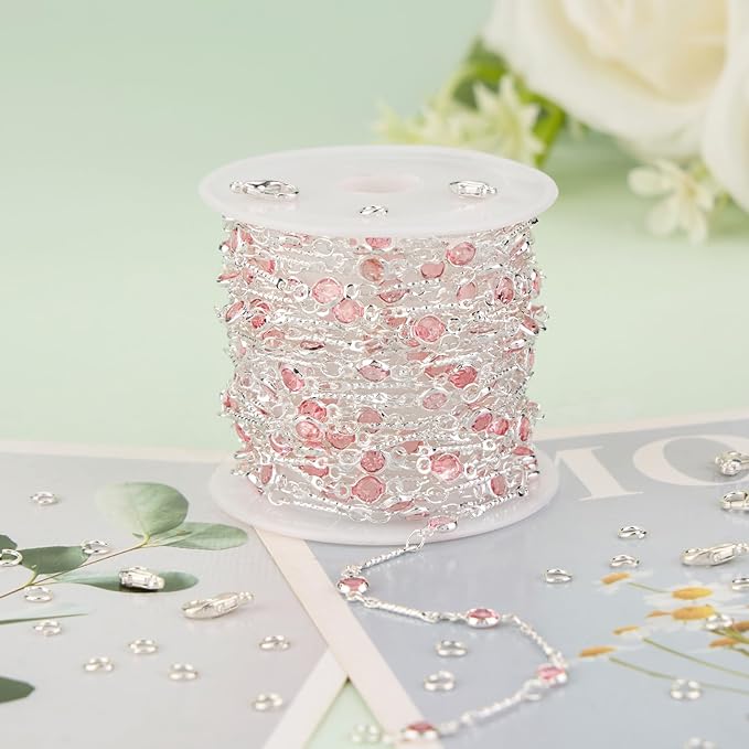 KYUNHOO 16.4 Feet Pink Rhinestone Bead Jewelry Chain Roll Stick Links Silver Chains for Jewelry Making with Connectors DIY Handcrafts
