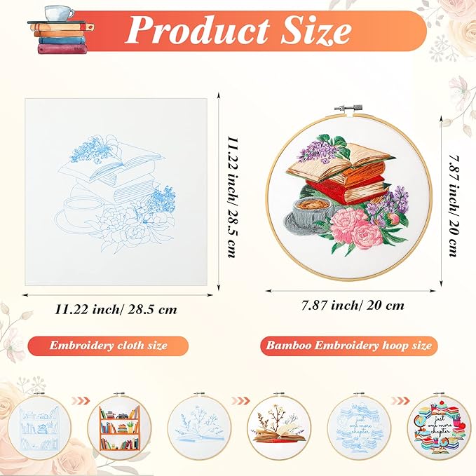 Unittype 4 Set Embroidery Kit for Beginners Adults Book Lovers Funny Cross Stitch Embroidery Kit with Bamboo Hoops Needles Threads Instructions Needle Threader(Classic)
