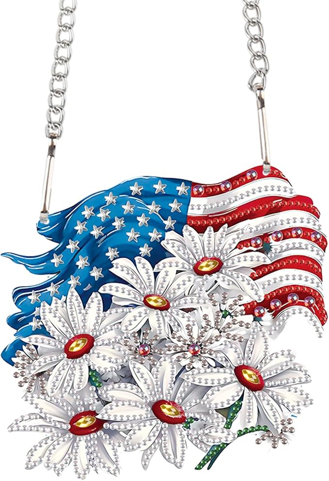 AiYuanzsh Patriotic Diamond Painting Hanging Ornament, American Flag with White Daisies, DIY 5D Diamond Art Pendant Kit with Chain, Independence Day Crystal Suncatcher Home Decoration Craft