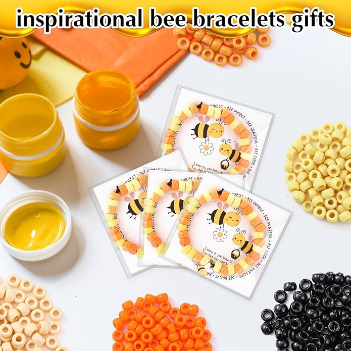 Highergo 50 Set Motivational Bee Themed Gifts Bee Bracelet Beads DIY Craft Kit with Inspirational Cards and Bags for Teacher Bee Party Favors