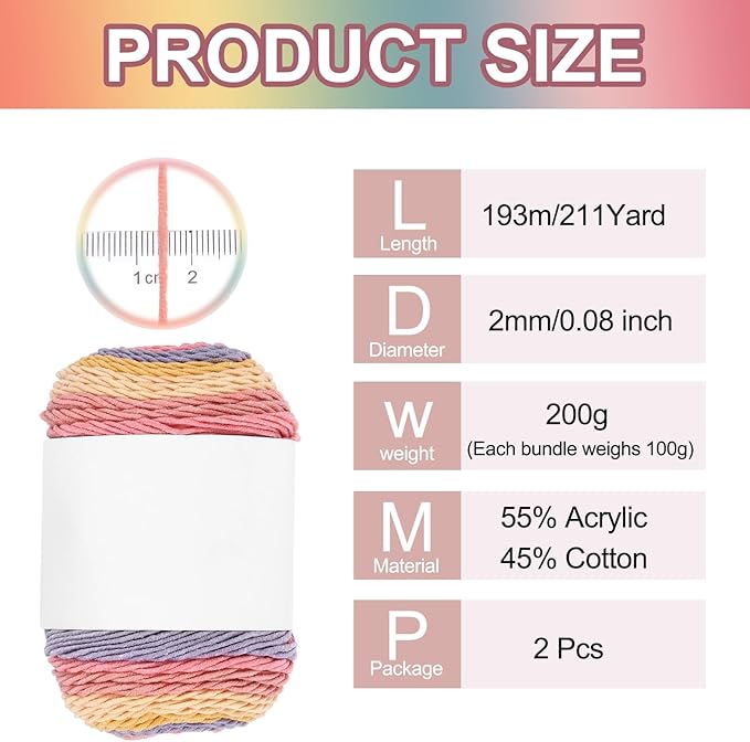 MECCANIXITY Cotton Acrylic Yarn for Crocheting, 422 Yard 5 Ply Soft Gradient Yarn Acrylic 45% Cotton 55% Used for DIY Knitting Blankets Scarves(2 Packx100g,Pink,Yellow,Purple)