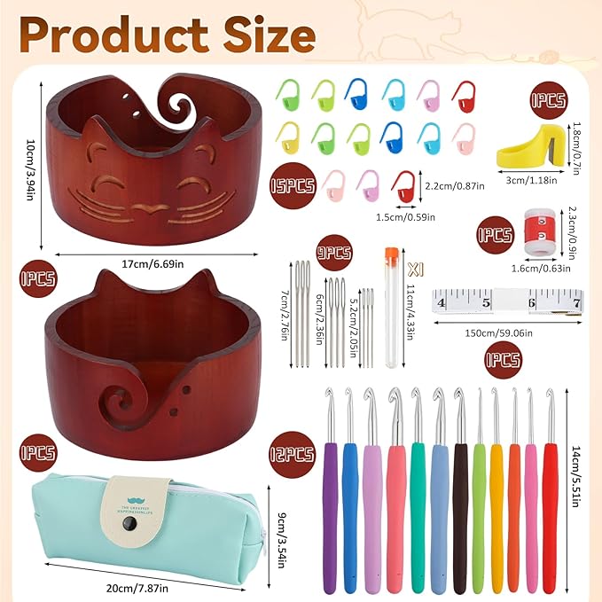 XIEJ Cat Yarn Holder Set, 7 X 4inch Wooden Cat Yarn Bowl for Crocheting, Knitting Bowl with Crochet Hooks Knitting Tools for Crocheters Knitters Craft（Vintage Color）