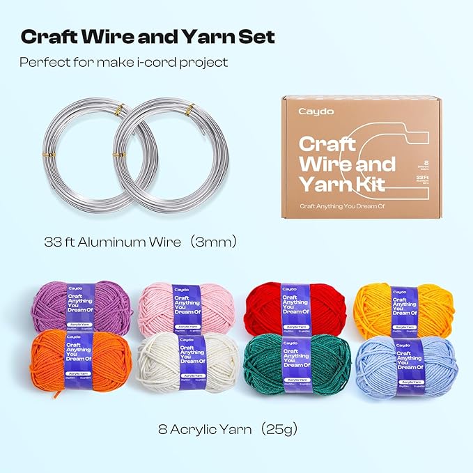 Caydo Aluminum Craft Wire and Acrylic Yarn Skeins Kit, i-Cord Knitting Kits for Beginner for DIY Handicraft Making, 8x25g Yarn & 2 Roll 5M x 3 mm Wire