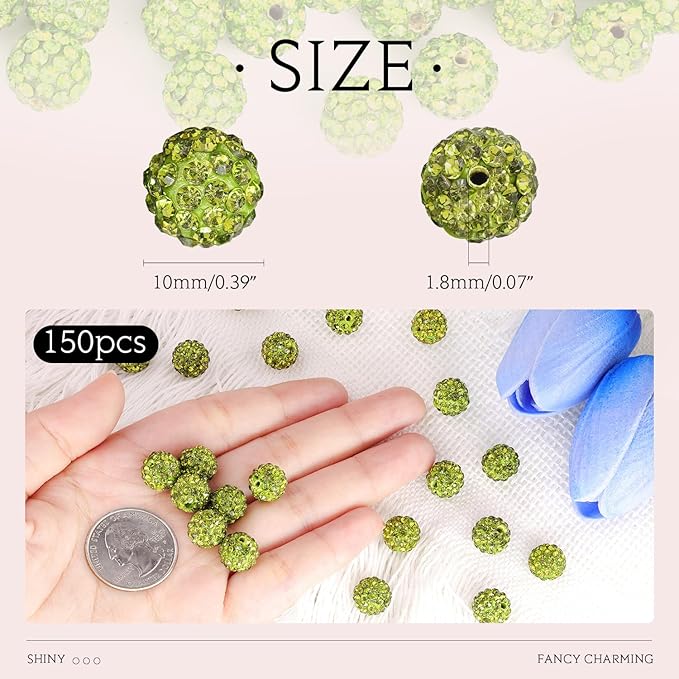 150 pcs 10mm Rhinestone Beads for Jewelry Making, Olivine Shiny Round Shamballa Disco Beads Bulk, Sparkle Crystal Clay Christmas for Bracelet Baseball Necklace Earring Crafting and DIY