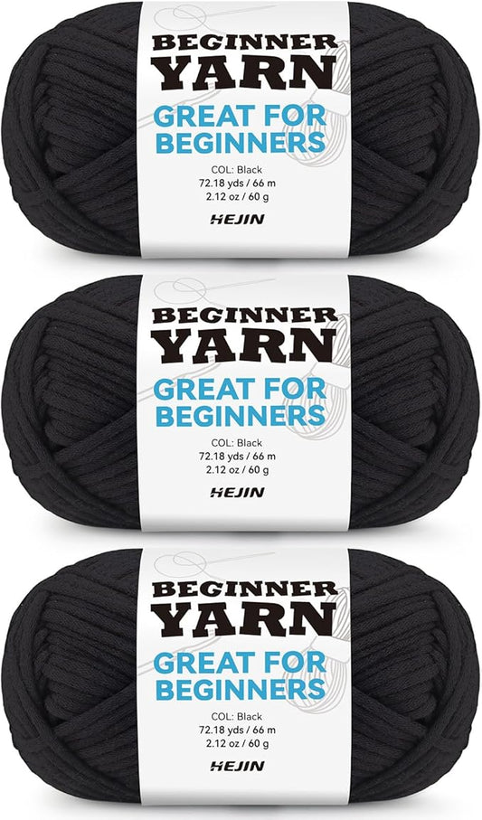 3x60g Black Yarn for Crocheting and Knitting;3x66m (72yds)Cotton Yarn for Beginners with Easy-to-See Stitches;Worsted-Weight Medium #4;Cotton-Nylon Blend Yarn for Beginners Crochet Kit Making