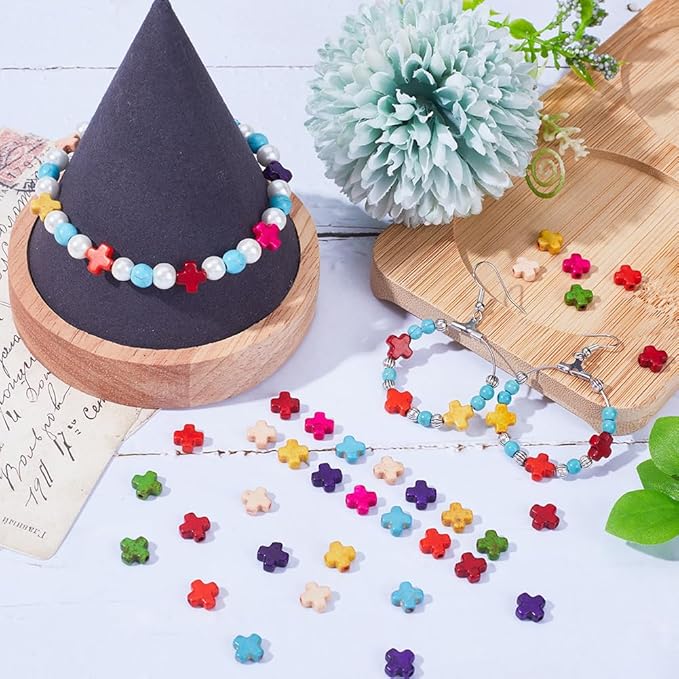 SUNNYCLUE 1 Box 250Pcs Cross Beads Mini Small Colorful Cross Charms Bulk Easter Synthetic Turquoise Stone Cross Bead Tiny Pocket Crosses Crucifix Loose Spacer Beads for Jewelry Making Kits Adult