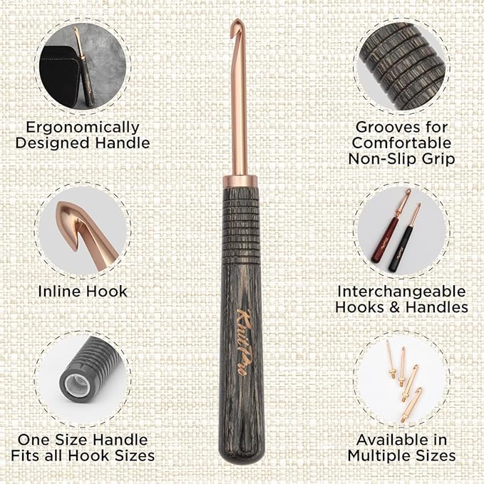 KnitPro Oasis Starter Crochet Set - 1 Wooden Handle, 7 Hooks in Sizes 2mm to 5mm, 1 Rose Gold Scissors, 1 Tape Measure, 10 Metal Locking Stitch Markers, 1 Gripper