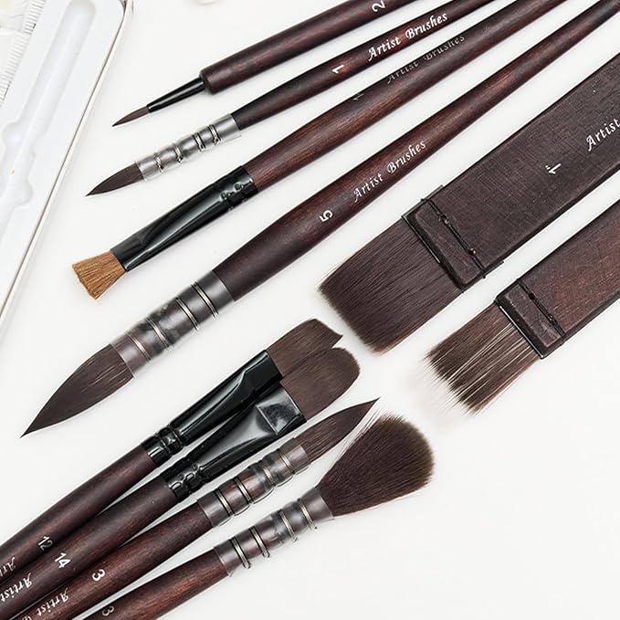 10 Pieces Artist Paint Brush Organic Synthetic Squirrel Horse Hair Set of 10 for Watercolor Acrylic Gouache Oil and Tempera Painting