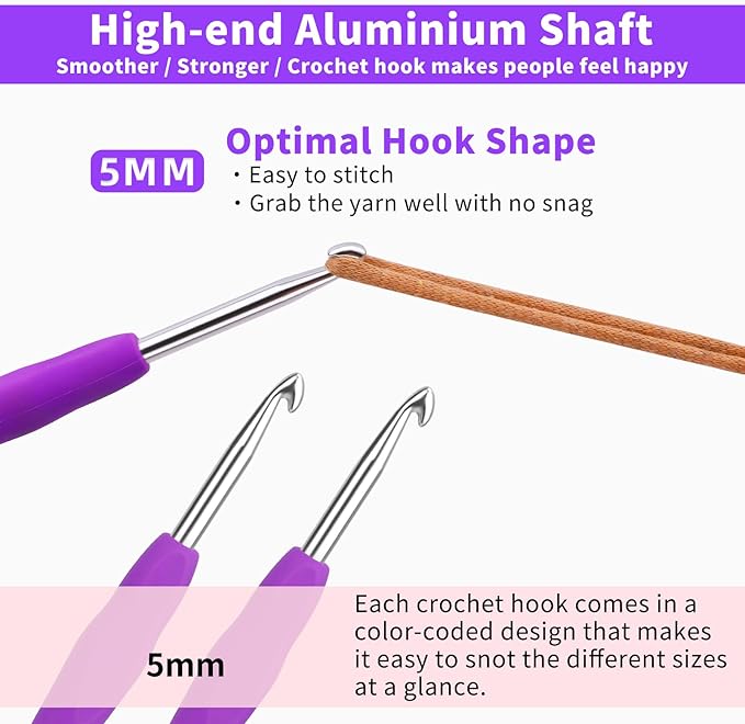 2PCS 5.0 mm SizeH Crochet Hooks, Ergonomic Handle Crochet Hooks for Arthritic Hands, Smooth and Extra Long Crochet Needles for Beginners, Knitting Needles for Beginner Handmade DIY Multicolor