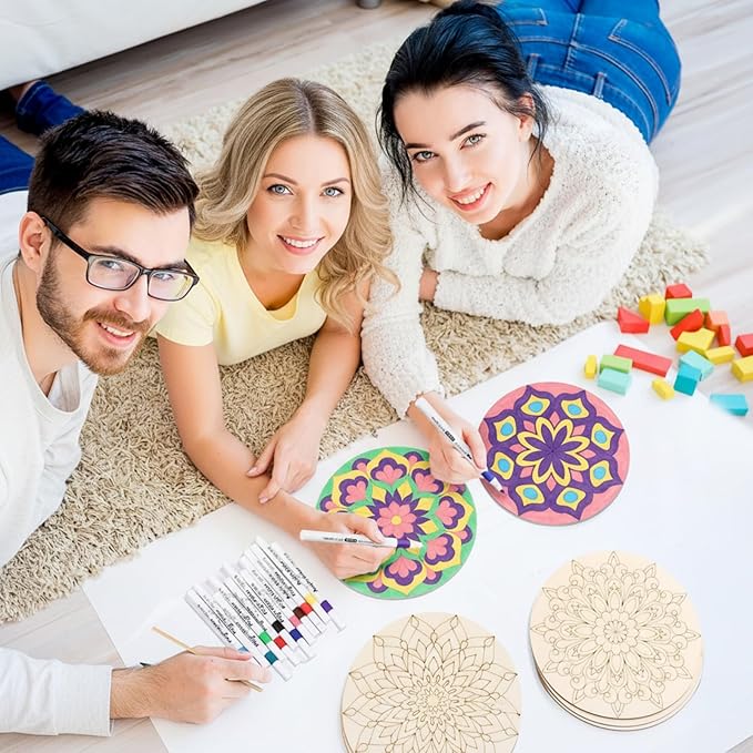 22 Pcs Wooden Mandala Painting Set 10 Mandala Unfinished Wood Cutouts with 12 Markers for Crafts Diwali Craft Wood Slices for Adults Painting DIY Tags Wedding Home Decors(Stylish Style)