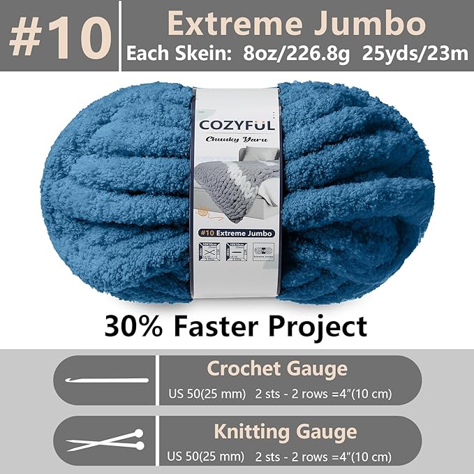 Chunky Yarn for Hand Knitting - #10 Chunky Chenille Yarn, Jumbo Big Thick Chunky Yarns for Crocheting, Super Bulky Chunky Knit Blanket Yarns, 8 Skein (25 yds 8 oz Each Skein), Indigo