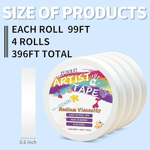 4 Packs Artist Tape Medium Tack White Art Tape for Watercolor Paper Drafting Art Painting Canvas Framing Acid Free Masking Tape- 0.6IN Wide 396FT Long Total