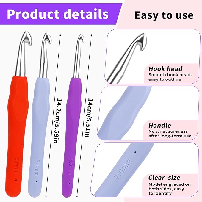 Iuuidu 3PCS Crochet Hooks, Ergonomic Handle Crochet Hooks for Arthritic Hands 3Size, Extra Long Crochet Needles for Beginners, Comfortable Smooth Knitting Needles for Handmade DIY Multicolor