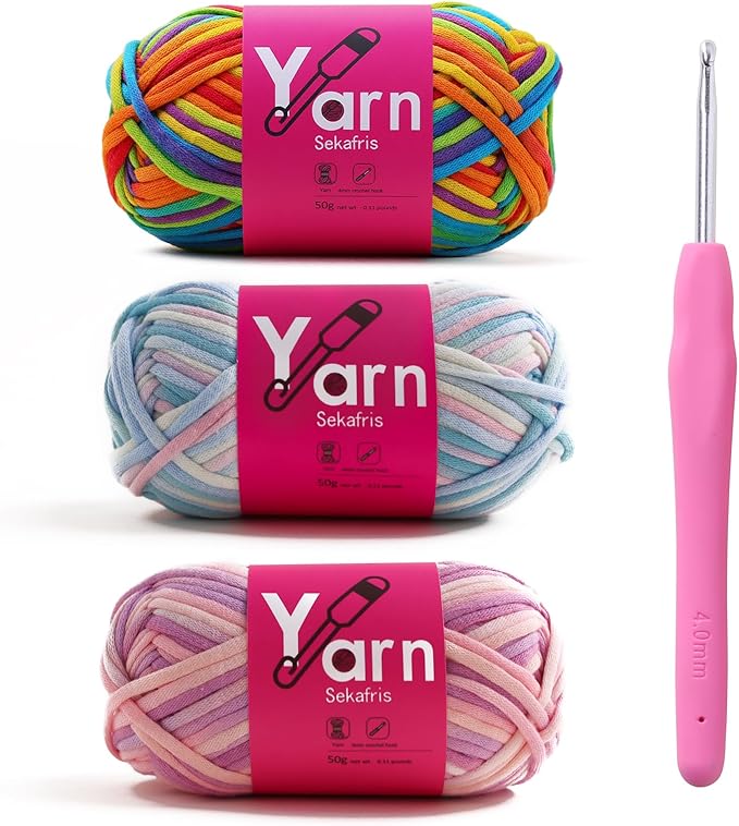 Crochet Yarn with Cotton Yarn for Crocheting - Crochet Knitting Yarns for Beginners with Easy-to-See Stitches - Yarn for Crocheting - Parfait Chunky Yarns(Rainbow+Clouds+Pinkish Purple)