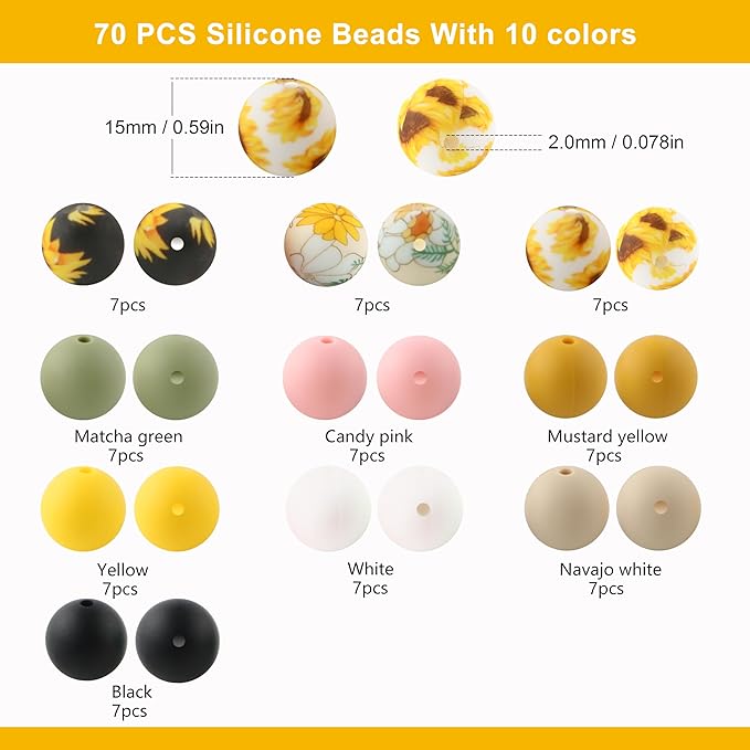 70Pcs Print Silicone Beads for Keychain Making,Round 15mm Silicone Beads for Pens, Necklace and Bracelets Making（Floral Print）