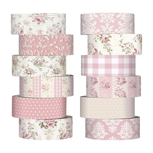 12 Rolls Watercolor Floral Washi Tape Set 15 mm Vintage Flower Decorative Masking Tape for Spring Arts DIY Craft Scrapbook Journal Supplies Gift Wrapping(Light Pink,Polka Dots and Floral)