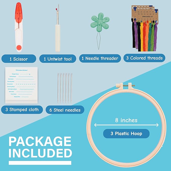 Beginner Embroidery Kit – Learn 28 Stitches – DIY Embroidery Set with 3 Hoops, Stamped Patterns, Needles, Scissors, Thread – Complete Cross Stitch Kit for Adults, Teens, Beginners & Crafters