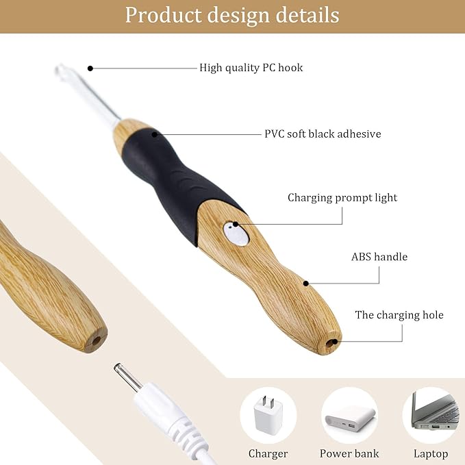 Chuangdi 11 Sizes Lighted Crochet Hooks Set Rechargeable Crochet Hook Light up Hooks with Case, Interchangeable Heads 2.5 mm to 8 mm for DIY Craft Supplies(Wood Color-Black)