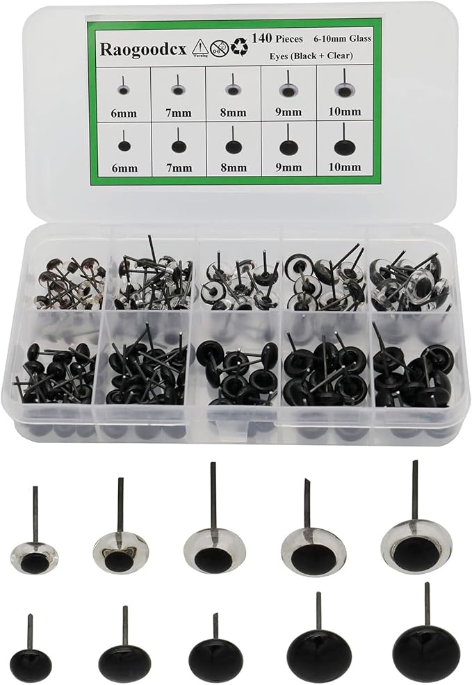 140Pcs Needle Felting Eyes 6-10mm mini Glass Black with Clear Eyes Kits for Teddy Puppets Dolls Wool Felting Crafts