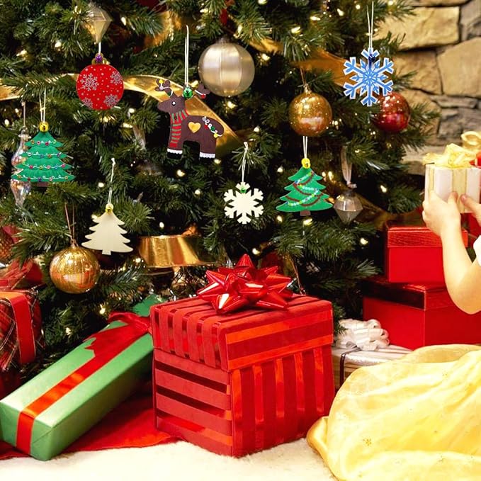 Hidreas 40 Pcs Wooden Ornaments Unfinished Christmas DIY Ornaments Craft Kit, Christmas Wood Ornaments with Bells, Wax Rope and Rhinestone Stickers for Children Arts and Crafts Supplies