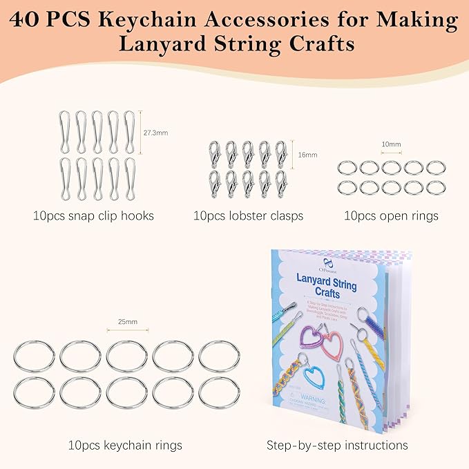 PP OPOUNT Lanyard String Kit for Summer Camp Adults – 15 Plastic Gimp Strings with 40 Keychain Accessories & Instructions, DIY Bracelets Keychains Adults Gift Craft Set(Solid/Glitter/Laser Colors)
