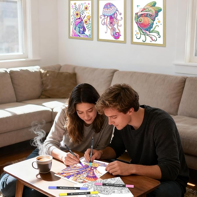 Coloring Books for Adults Relaxation, Stress Relief Coloring Book with 24 Dual Tip Markers, 2 Wooden Photo Frame Set with 12 Patterns Include Exquisite & Cute, Arts and Crafts Gift for Women, Couples