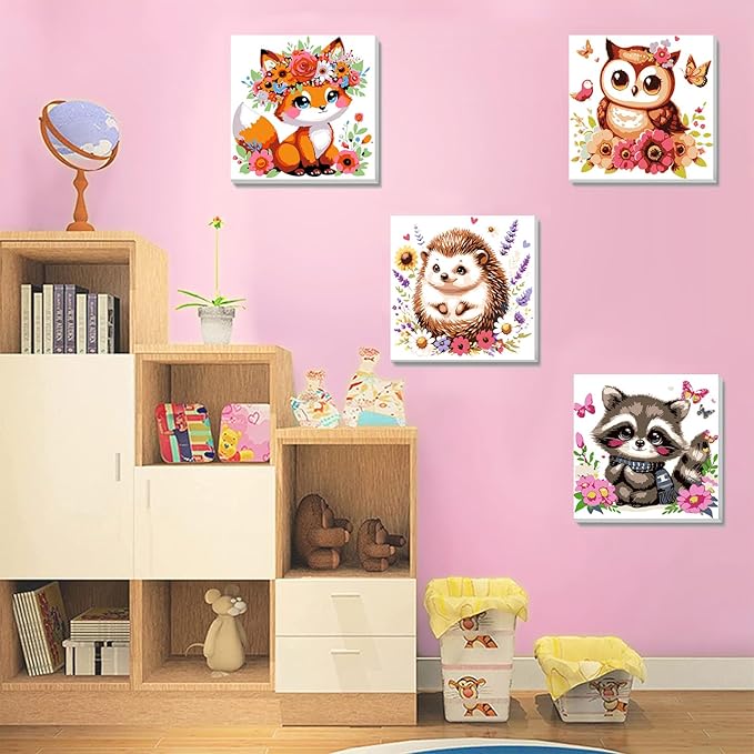 4 Pack Animal Paint by Number for Kids with Wooden Frame, Paint by Numbers for Kids Animals Ages 4-8-12, Easy Owl Fox Hedgehog Raccoon DIY Acrylic Oil Painting Kits for Home Wall Decor (8X8 inch)