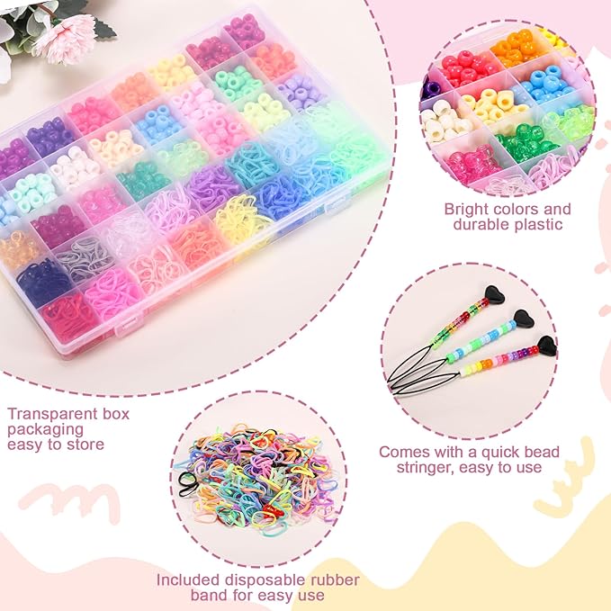 obeoby 9x6mm Bulk Pony Beads for Braids, 2005 Pcs Hair Beads Kit for Braids Friendship Bracelet Making for Classmates Mothers Day Gifts for Mom Daughter