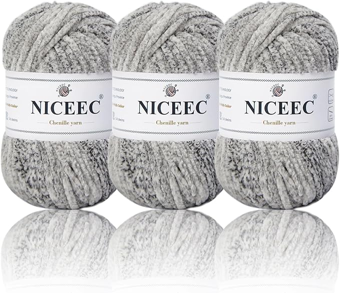 NICEEC 3 Skeins Soft Chenille Yarn Blanket Yarn for Knitting Fancy Yarn for Crochet Weaving DIY Craft Total Length 3×85m (3×93yds, 3×50g)_Overcast Gray