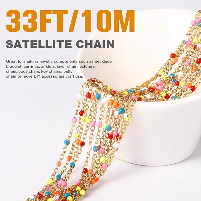 33 Feet Gold Enamel Chains Bulk, 2mm 18K Gold PVD Plated 304 Stainless Steel Colorful Enamel Beaded Cable Link Chain Roll Spool for Jewelry Making