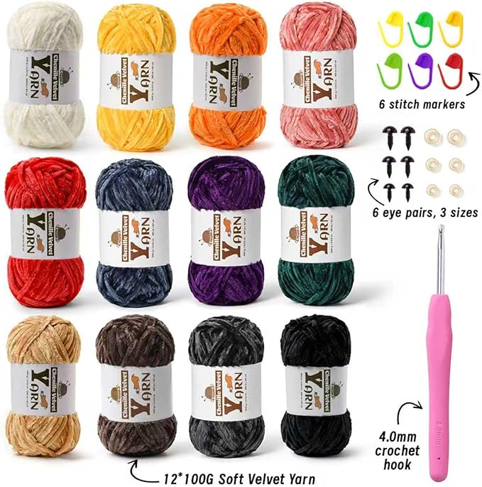 12 Pack Multicolor Crochet Yarn, Fluffy Chunky Chenille Yarn for Crocheting, Fuzzy Velvet Yarn for Crochet Kit, Baby Yarn for Crocheting Soft Amigurumi Yarn Set A (100g/87yds Each)