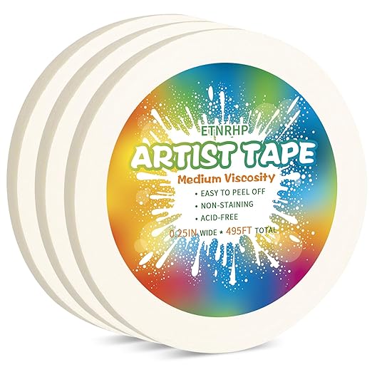 White Art Tape Medium Tack Artist Masking Tape Paper Acid Free Tape Watercolor Painters Tape Artists Tape for Drafting Art Watercolor Painting Canvas Framing, 0.25 inch Wide 495FT Long