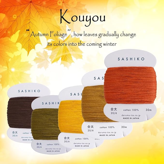 DARUMA Sashiko Thread 100% Cotton Card Type (32.8 yd) x 5 Colors with English Manual, Sewing & Embroidery Value Set with Gift Package(Thick, Kouyou)