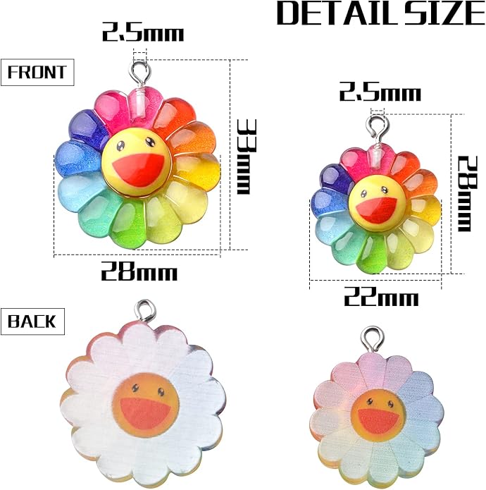 Aylifu Sunflower Charm Pendants,20pcs Resin Rainbow Flower Charms Face Charm Sunflower Cabochons Epoxy Charms for DIY Jewelry Necklace Crafts Making,2 Sizes