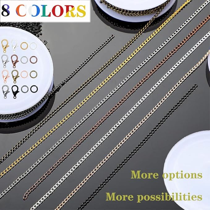80ft Jewelry Making Kit - 8 Color Stainless Steel Curb Chain, 240 Jump Rings & 80 Lobster Clasps for DIY Bracelet, Earring & Necklace Crafts (2*3 mm)