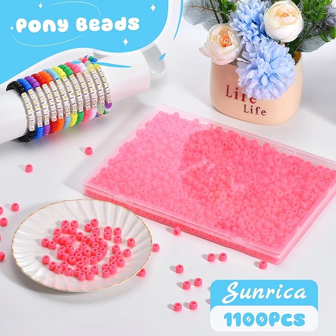 sunrica 1100pcs pink pony beads 6x9mm large hole plastic beads for kandi, hair braids, necklaces, friendship bracelets