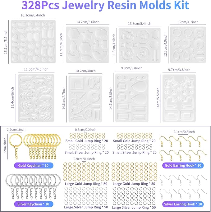 RESIN GO Epoxy Resin Earring Molds, 328 PCs UV Resin Jewelry Molds Kit with Holes, Variety Shapes Keychain Pendant Necklace Bundle Complete Set Clearance, Silicone Molds for Teen Female