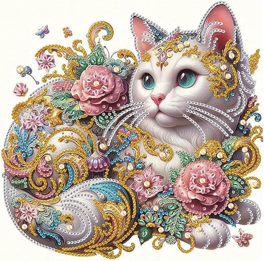 HvasJing Link Diamond Painting Kits for Adults Exquisite Floral Cat, 5D Full Drill Diamond Art Kit, Special Shaped Diamonds 11.8 x 11.8 Inch DIY Diamond Dots Craft, Relaxing Hobby Wall Decor