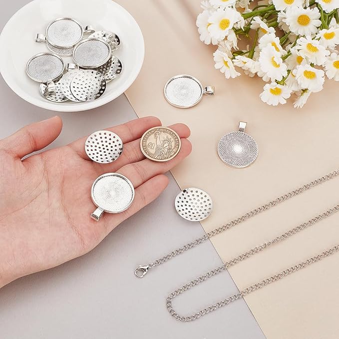 GOMAKERER 10 Sets Round Bezel Pendant Trays, 1 Inch Pendant Blank Frame for Embroidery Alloy Tray Charms Bulk DIY Jewelry Making Kit for Necklace DIY and Crafts Projects, Antique Silver