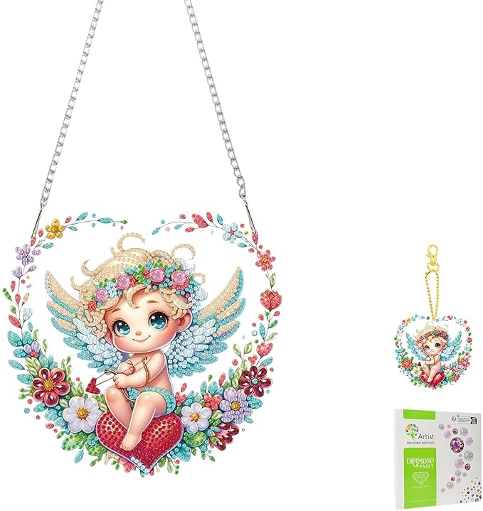 Masendp Cupid Diamond Painting Double-Sided Hanging Ornament Set, DIY Irregular Shaped Rhinestone Window Decoration Set, Suitable for Home and Garden Wall Decoration Gifts
