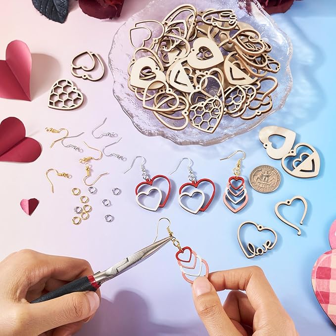 Elecrelive 60pcs Valentine's Day Wooden Earring Set Wooden Heart Charms Unfinished Wood Charms Wood Cutout Earrings for DIY Earring Necklace Jewelry Making