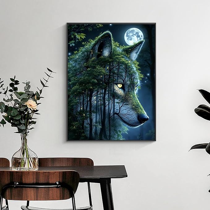 Yezavesu Wolf Diamond Art Kits for Adults, Wolf Forest 5D Diamond Painting Kit for Beginners, DIY Round Full Drill Painting with Gem Art Craft Kits for Home Wall Decor 12x 16 Inch