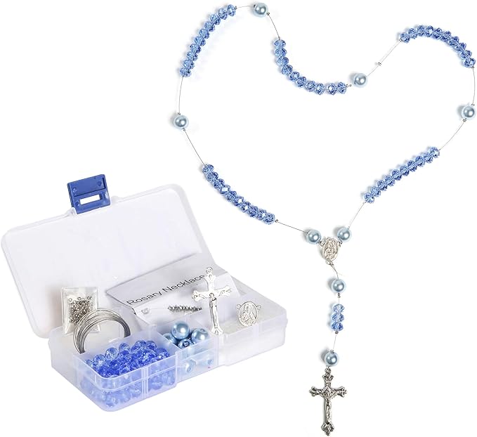 Linpeng Sky Blue Glass Crystal Pearl Beads Rosary Jewerly Kit, Rosary Making Supplies, Gift for Beader, 1 Pack