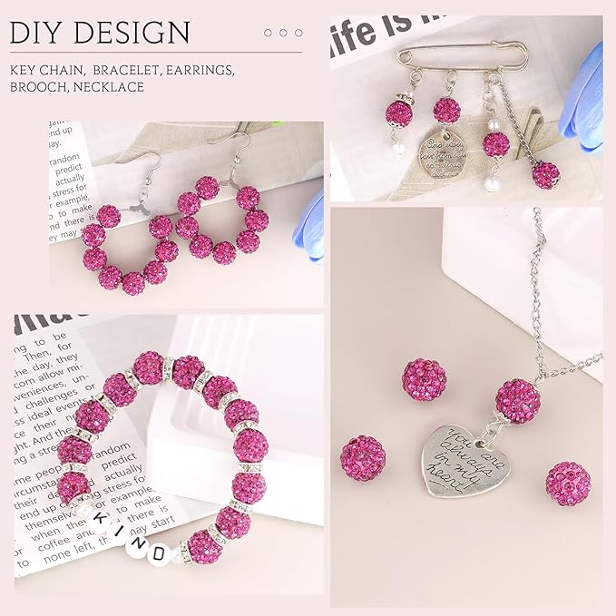 150 pcs 10mm Rhinestone Beads for Jewelry Making, Fuchsia Shiny Round Shamballa Disco Beads Bulk, Sparkle Crystal Clay Christmas for Bracelet Baseball Necklace Earring Crafting and DIY