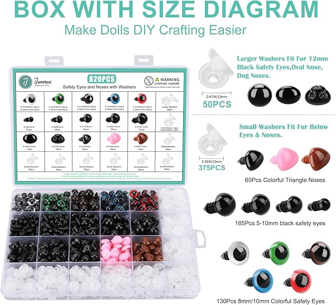 Junreox 820pcs Safety Eyes for Amigurumi- Premium Safety Eyes and Noses for Crochet Animals, Assorted Size Crochet Eyes with Washers for Dolls Plushies Toys, Safety Eyes for Stuffed Animals Teddy Bear