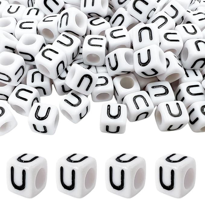 MIIIM 100pcs Pony Beads Letter U for Keychains Making, 6x6mm Large Hole Square Letter Beads for Bracelets Making, Alphabets, Numbers (White and Black)