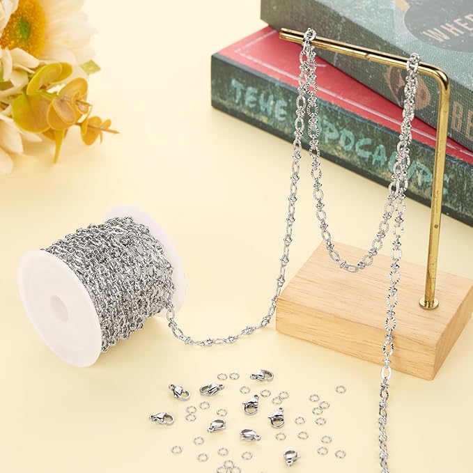 Jabogrii 4 Meters Silver Stainless Steel Jewelry Making Chains Roll Embossed Oval Cable Chain Bulk for Jewelry Making with Lobster Clasps and Open Jump Rings