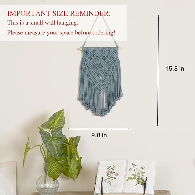 small macrame wall hanging decor boho tapestry for bedroom living room dorm nursery and office, cute aesthetic wall art for small spaces for teen girls and home decor (light blue, 16*10 inch)