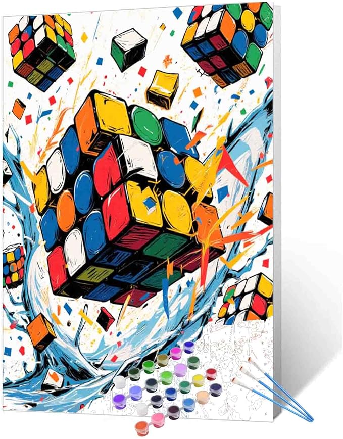 Aihonmin Magic Cube Explosion DIY Paint by Numbers for Adults Colorful Watercolor Digital Oil Painting Kits on Canvas Acrylic Paint DIY Acrylic Paintwork Home Decor Gift 16x20 Inch (Frameless)