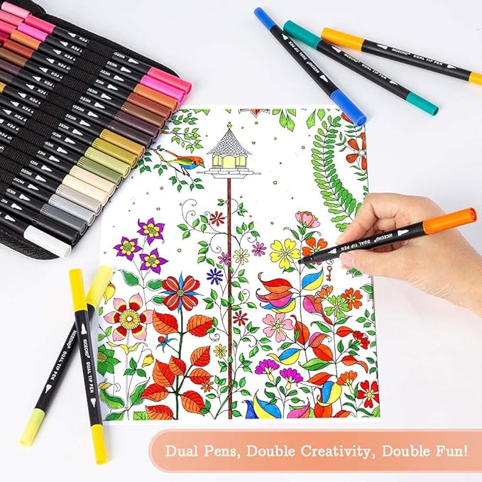Nicecho Art Markers Dual Brush Pens for Coloring, 60 Artist Colored Marker Set, Fine and Brush Tip Pen Art Supplier for Adult Coloring Books, Bullet Journaling, Drawing
